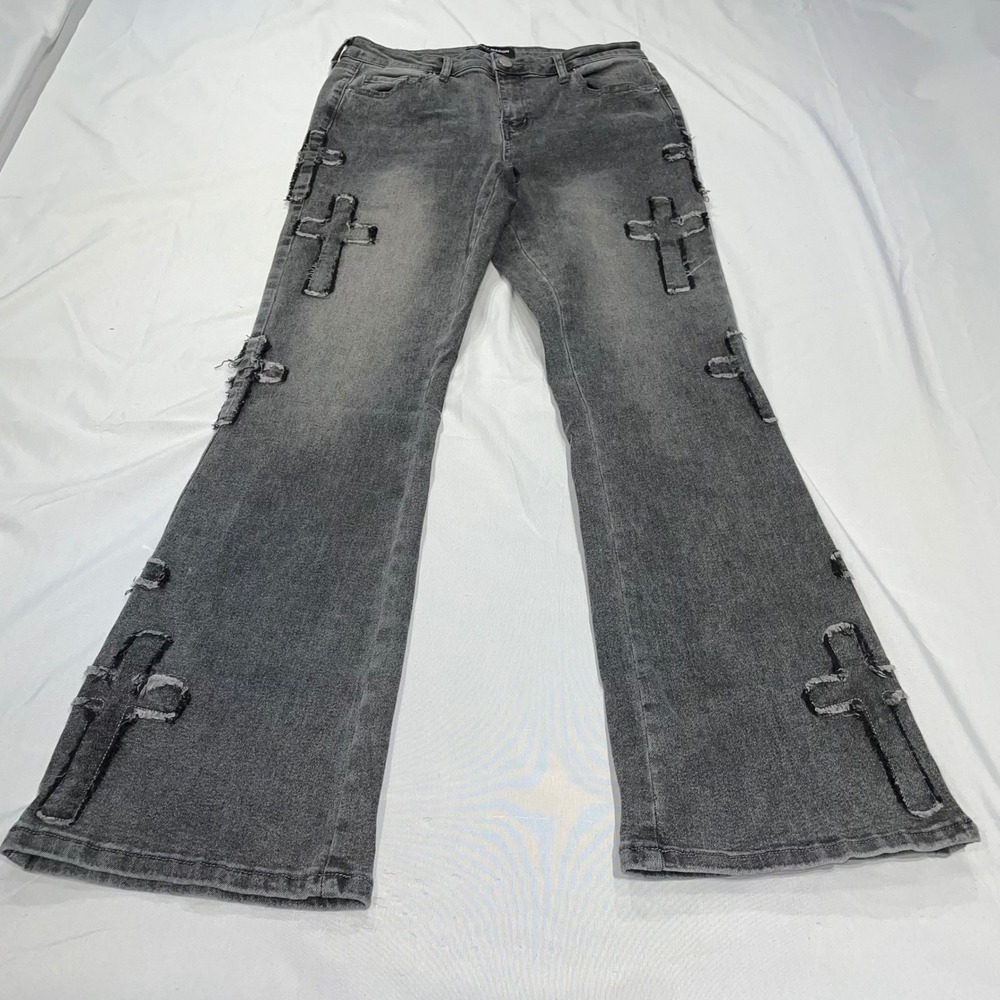 Ashley Mason Premium Womens Gray Flare Jeans Cross Patch Distressed Size 9/29